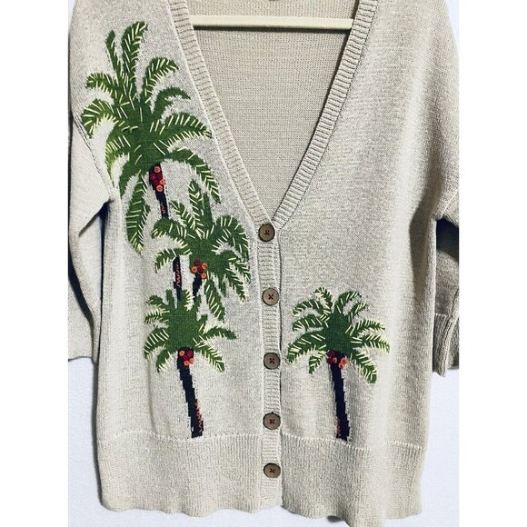 J Jill Cardigan Sweater Womens Small Palm Tree Embroidered Linen Beachy Boho - Picture 2 of 8